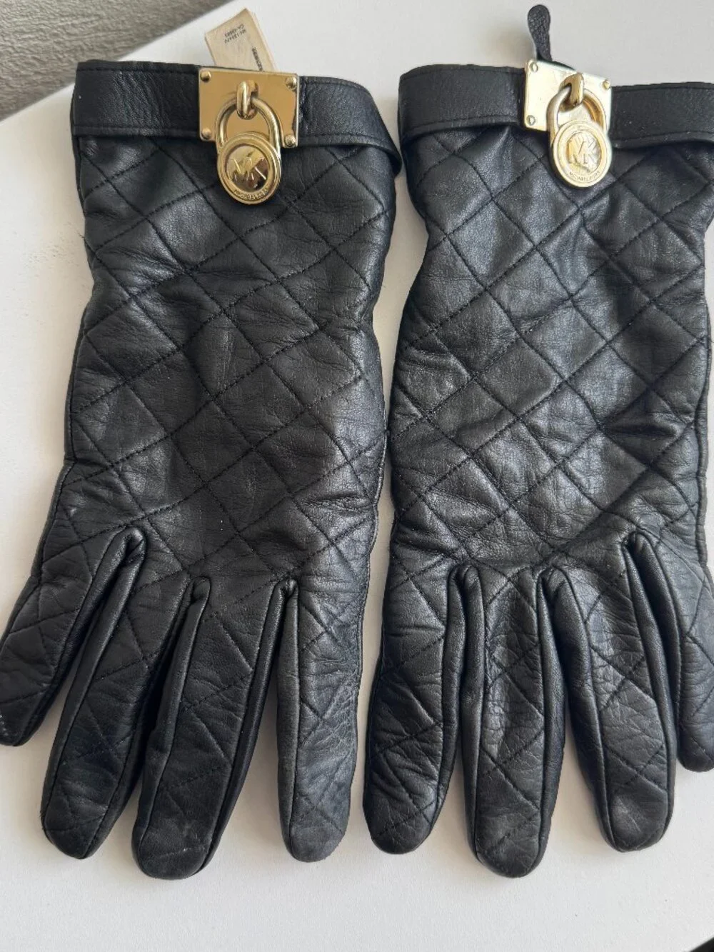 Michael Kors Black Quilted Genuine Leather Gloves Gold Logo Women's M/L